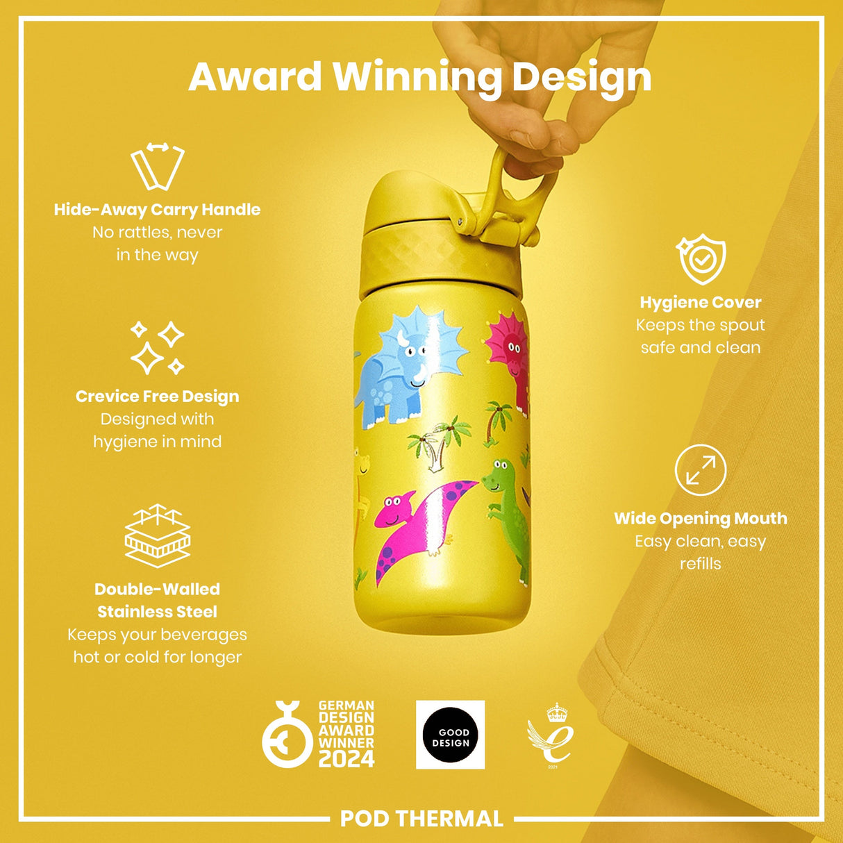ION8 Leak Proof Thermal Steel Water Bottle, Insulated, Dinosaurs, 320ml (11oz)