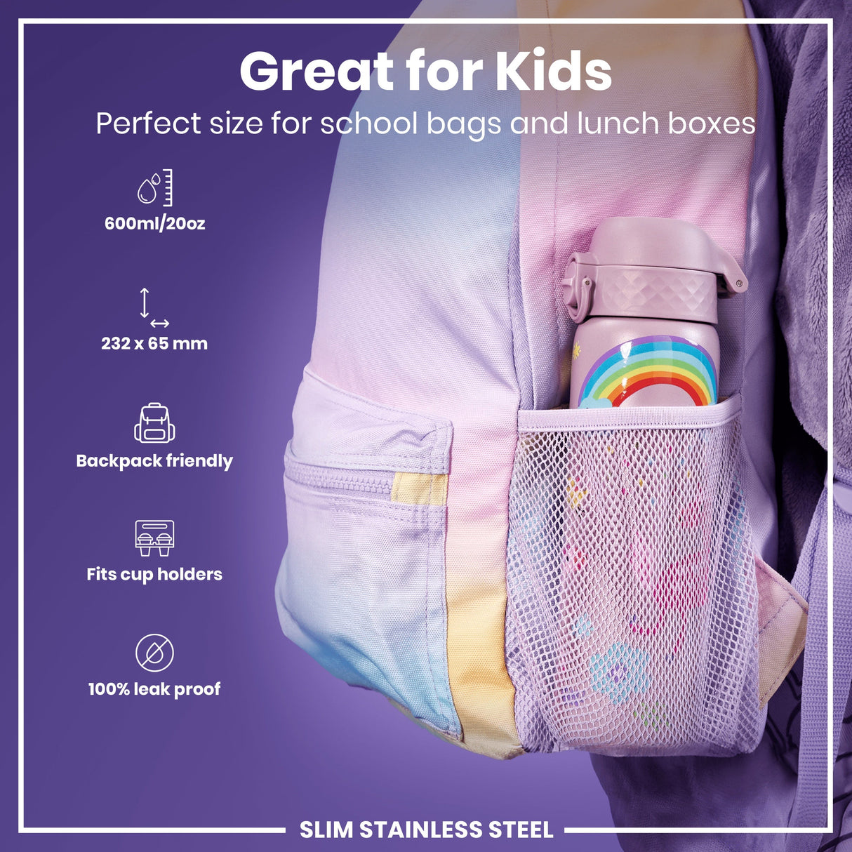 ION8 Leak Proof Slim Water Bottle, Stainless Steel, Unicorns, 600ml (20oz)