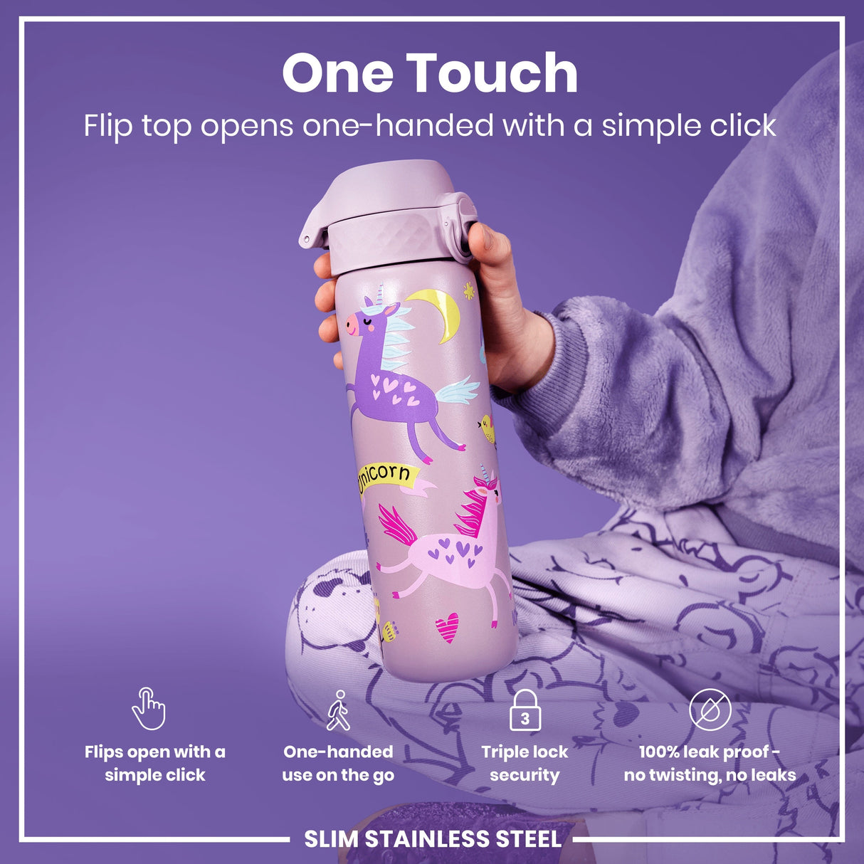 ION8 Leak Proof Slim Water Bottle, Stainless Steel, Unicorns, 600ml (20oz)