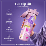 ION8 Leak Proof Slim Water Bottle, Stainless Steel, Unicorns, 600ml (20oz)