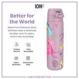 ION8 Leak Proof Slim Water Bottle, Stainless Steel, Unicorns, 600ml (20oz)
