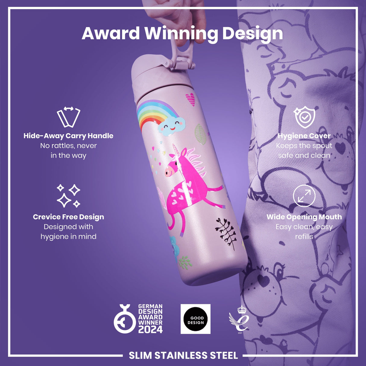ION8 Leak Proof Slim Water Bottle, Stainless Steel, Unicorns, 600ml (20oz)