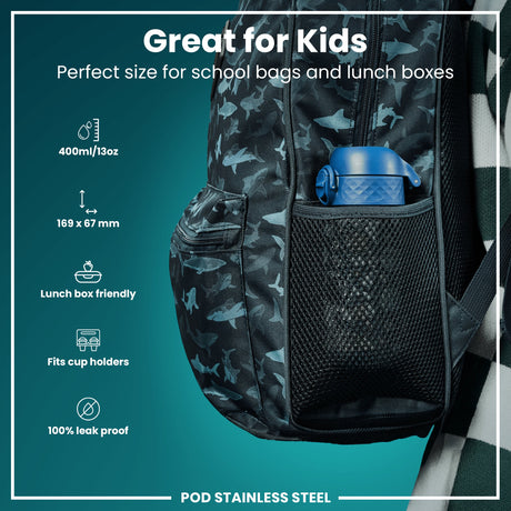 ION8 Leak Proof Kids Water Bottle, Stainless Steel, Space, 400ml (13oz)