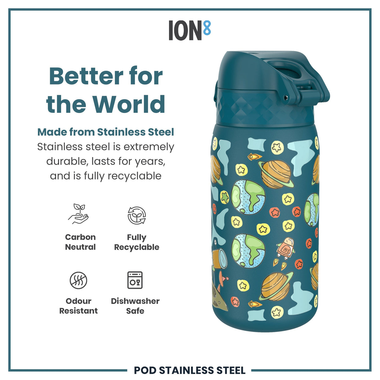 ION8 Leak Proof Kids Water Bottle, Stainless Steel, Space, 400ml (13oz)