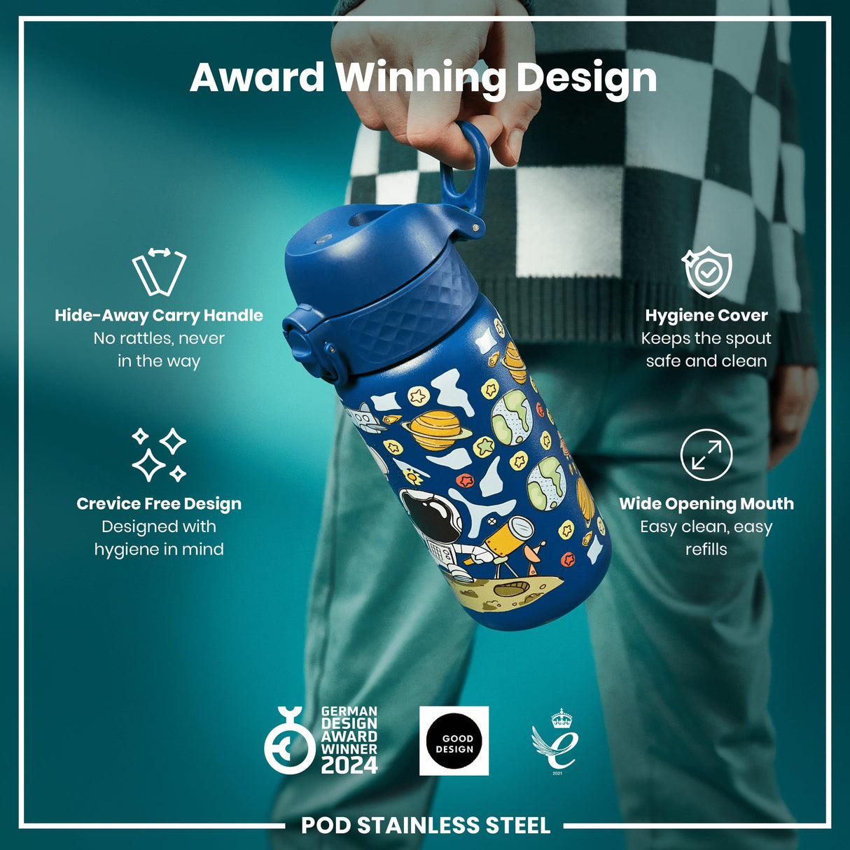 ION8 Leak Proof Kids Water Bottle, Stainless Steel, Space, 400ml (13oz)