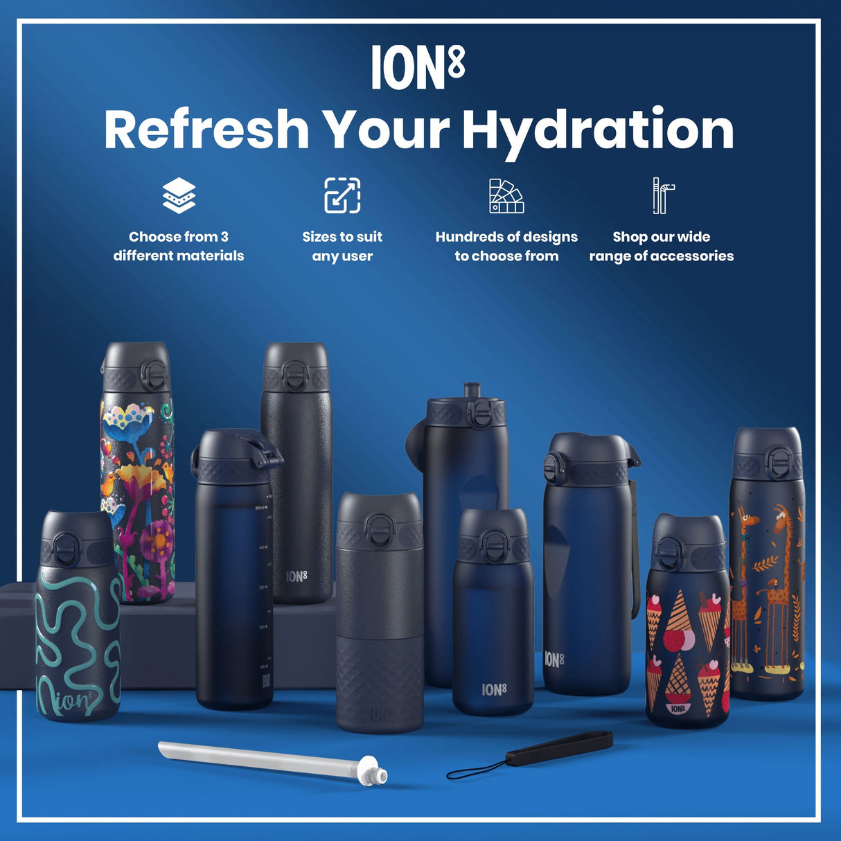 ION8 Leak Proof Slim Water Bottle, Recyclon, Giraffe, 500ml (18oz)