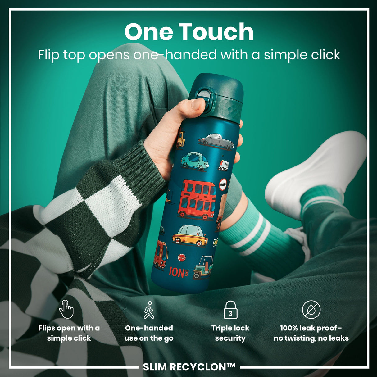 ION8 Leak Proof Slim Water Bottle, Recyclon, Automobile, 500ml (18oz)
