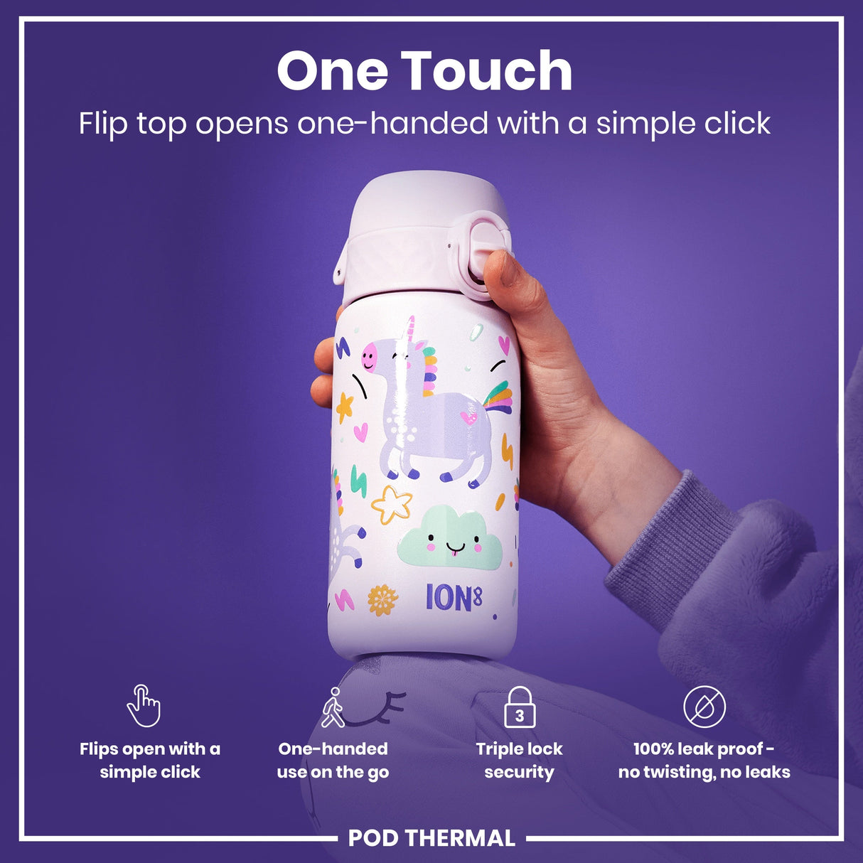 ION8 Leak Proof Thermal Steel Water Bottle, Insulated Steel, Unicorns, 320ml (11oz)
