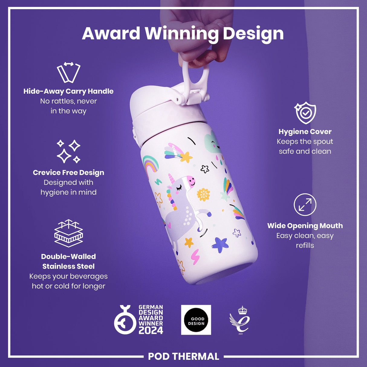 ION8 Leak Proof Thermal Steel Water Bottle, Insulated Steel, Unicorns, 320ml (11oz)