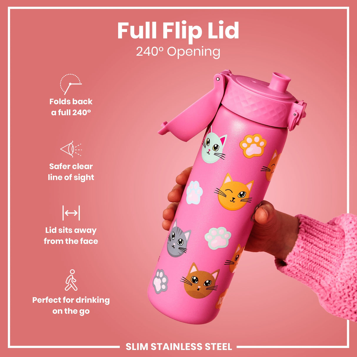 ION8 Leak Proof Slim Water Bottle, Stainless Steel, Cats, 600ml (20oz)