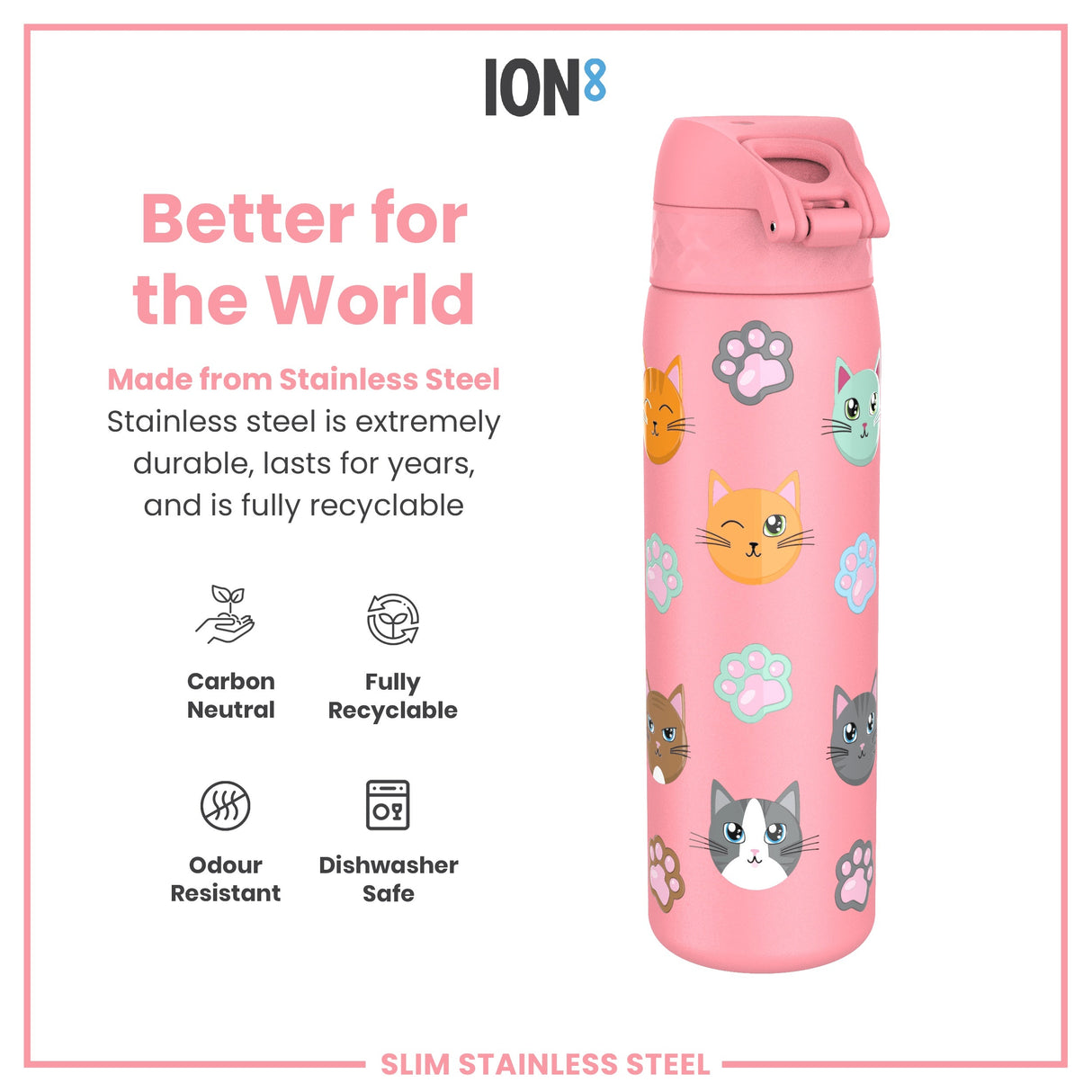ION8 Leak Proof Slim Water Bottle, Stainless Steel, Cats, 600ml (20oz)