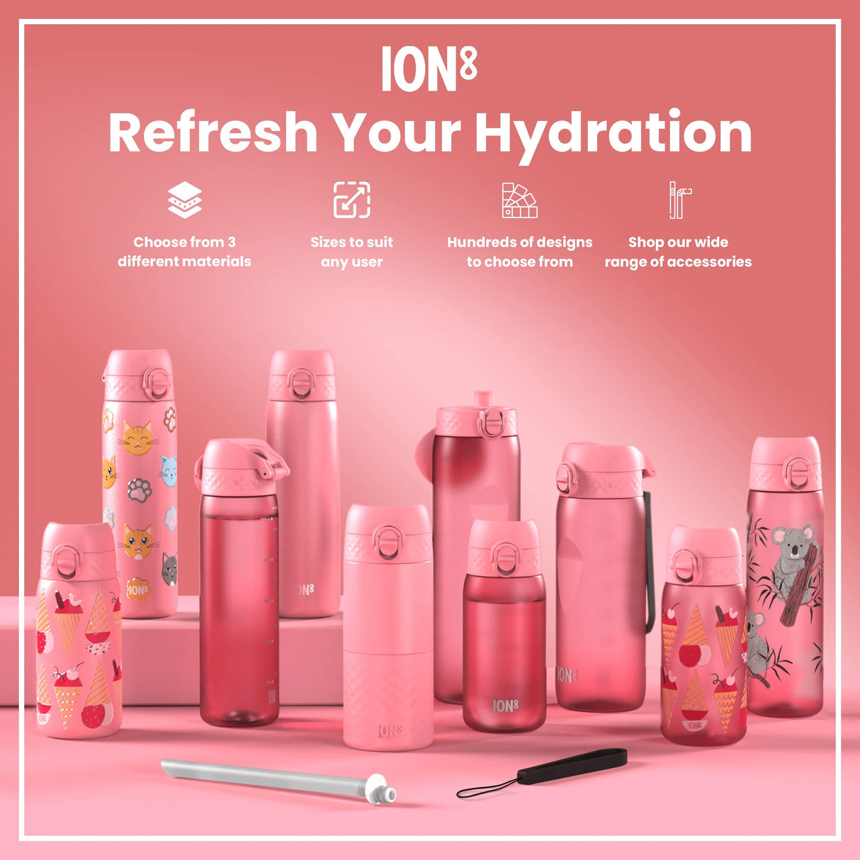ION8 Leak Proof Slim Water Bottle, Stainless Steel, Cats, 600ml (20oz)