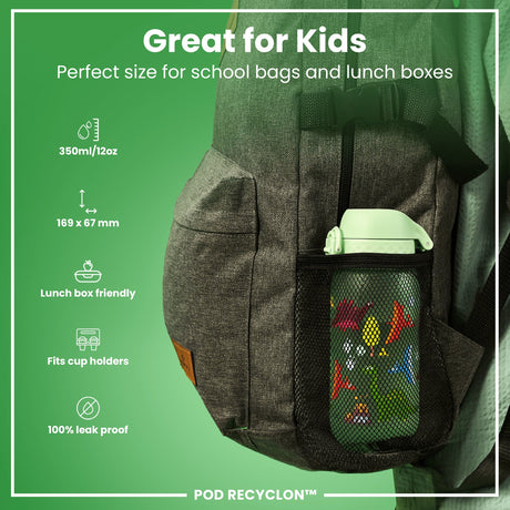 ION8 Leak Proof Kids Water Bottle, Recyclon, Dinosaur, 350ml (12oz)