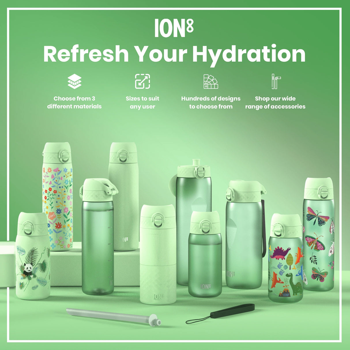 ION8 Leak Proof Kids Water Bottle, Recyclon, Dinosaur, 350ml (12oz)