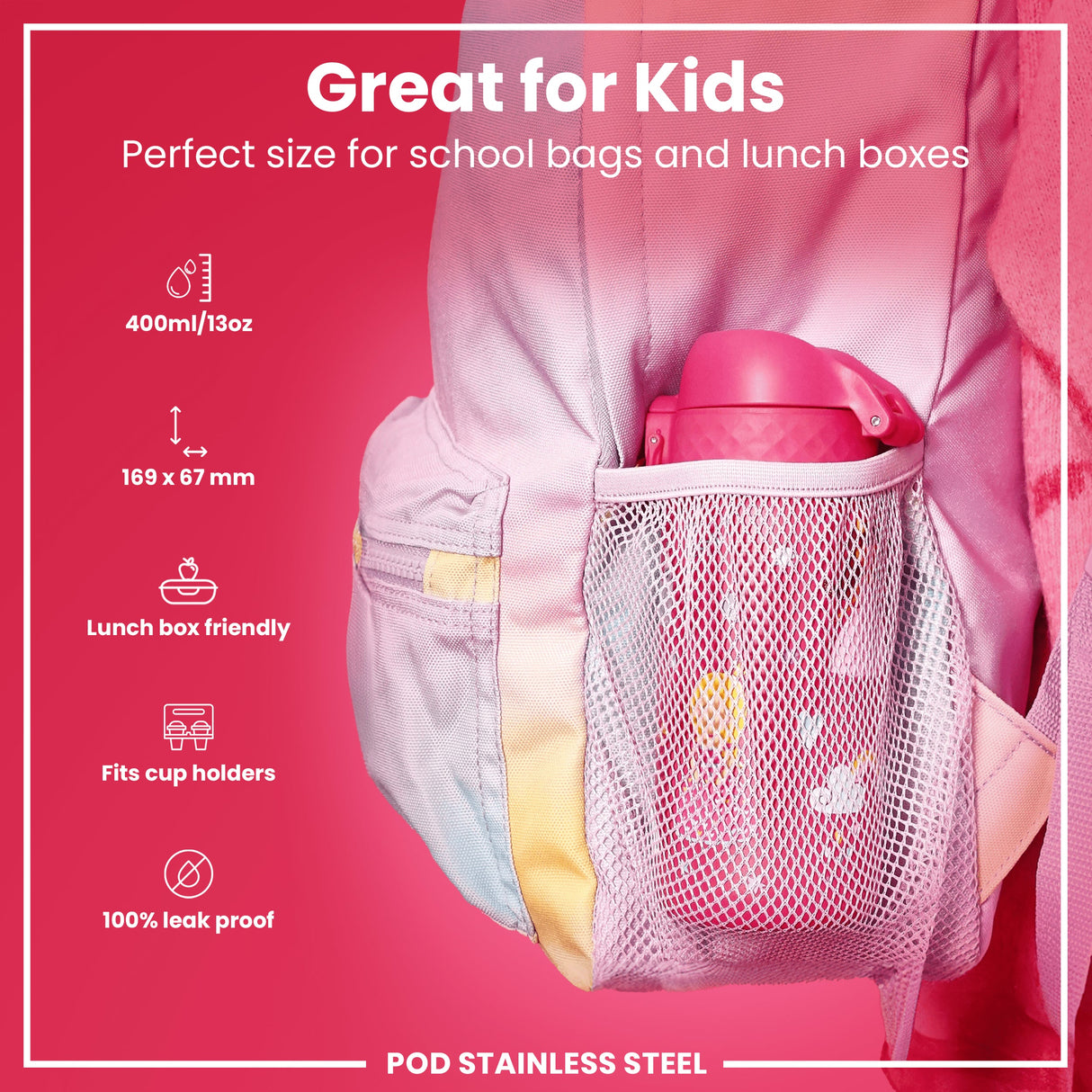 ION8 Leak Proof Kids Water Bottle, Stainless Steel, Princess, 400ml (13oz)
