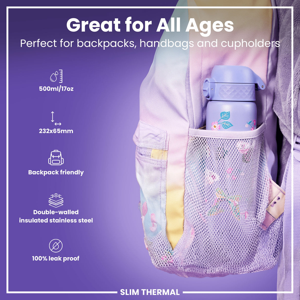 ION8 Leak Proof Slim Thermal Steel Water Bottle, Insulated, Butterfly, 500ml (17oz)