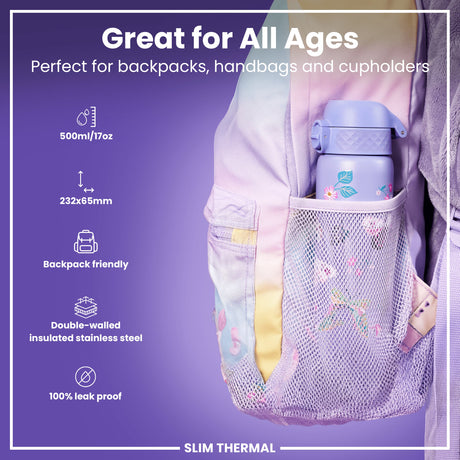 ION8 Leak Proof Slim Thermal Steel Water Bottle, Insulated, Butterfly, 500ml (17oz)