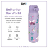 ION8 Leak Proof Slim Thermal Steel Water Bottle, Insulated, Butterfly, 500ml (17oz)