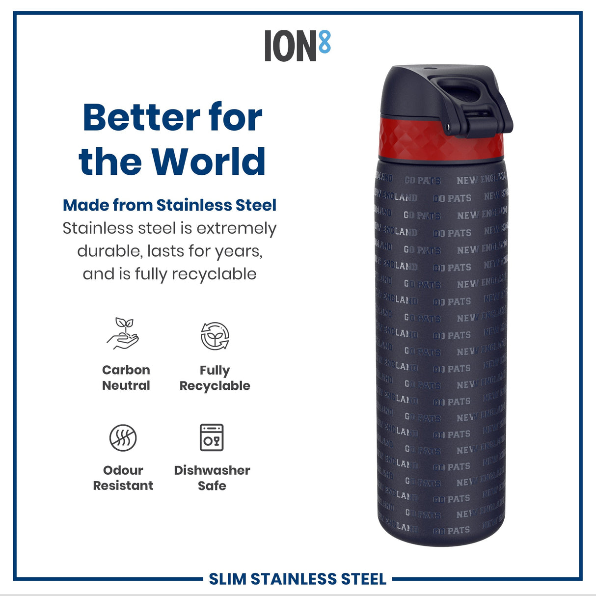 ION8 Leak Proof NFL Water Bottle, Stainless Steel, New England Patriots, 600ml