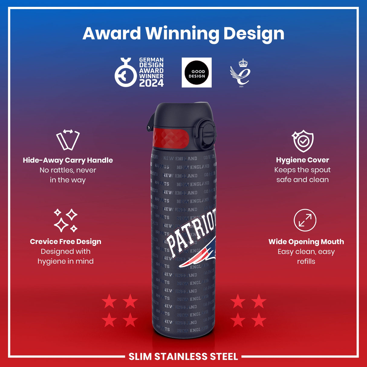 ION8 Leak Proof NFL Water Bottle, Stainless Steel, New England Patriots, 600ml