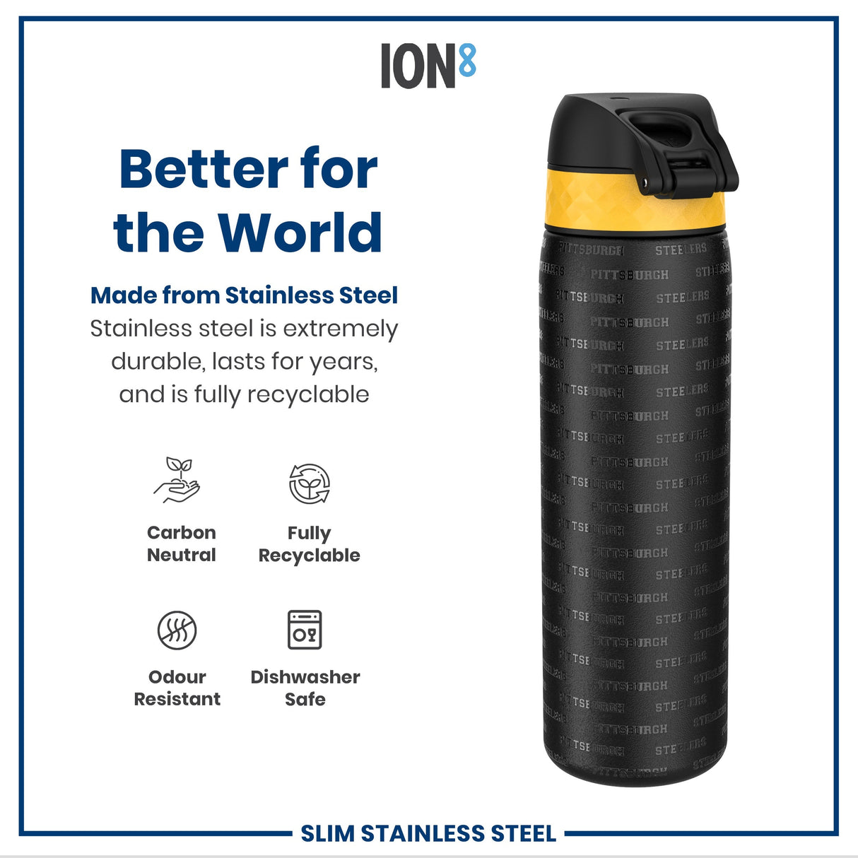 ION8 Leak Proof NFL Water Bottle, Stainless Steel, Pittsburgh Steelers, 600ml (20oz)
