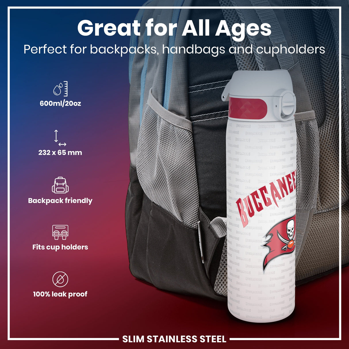 ION8 Leak Proof NFL Water Bottle, Stainless Steel, Arizona Cardinals, 600ml (20oz)