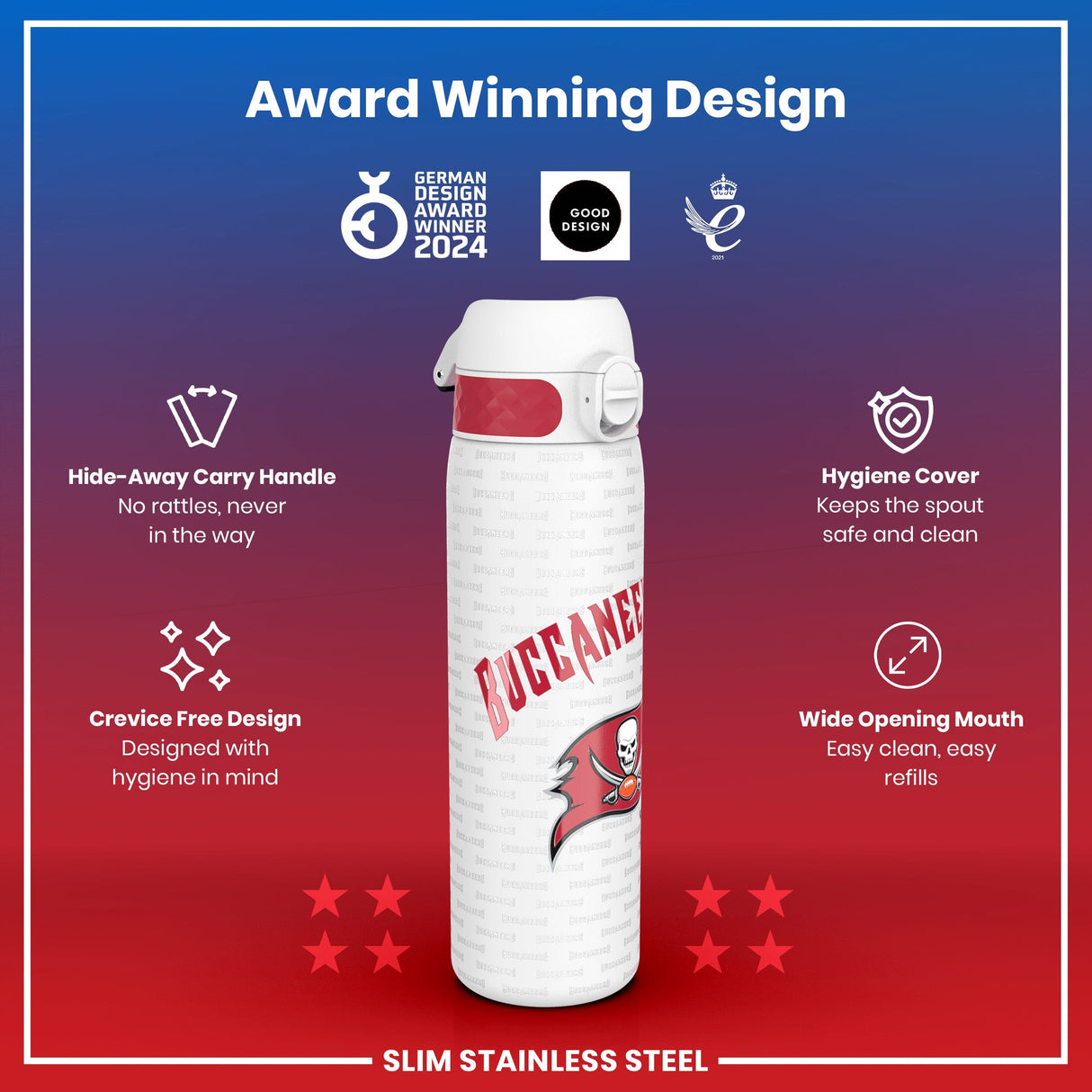 ION8 Leak Proof NFL Water Bottle, Stainless Steel, Arizona Cardinals, 600ml (20oz)