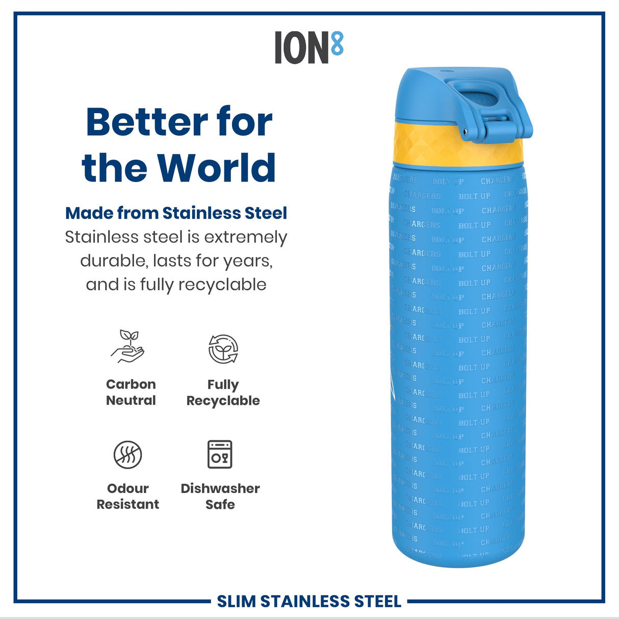 ION8 Leak Proof NFL Water Bottle, Stainless Steel, Los Angeles Chargers, 600ml (20oz)