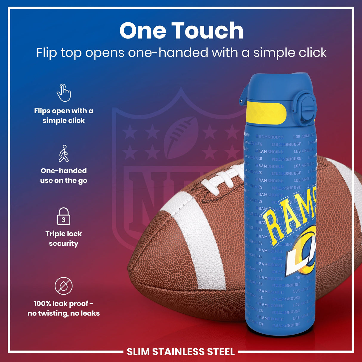 ION8 Leak Proof NFL Water Bottle, Stainless Steel, Los Angeles Rams, 600ml (20oz)