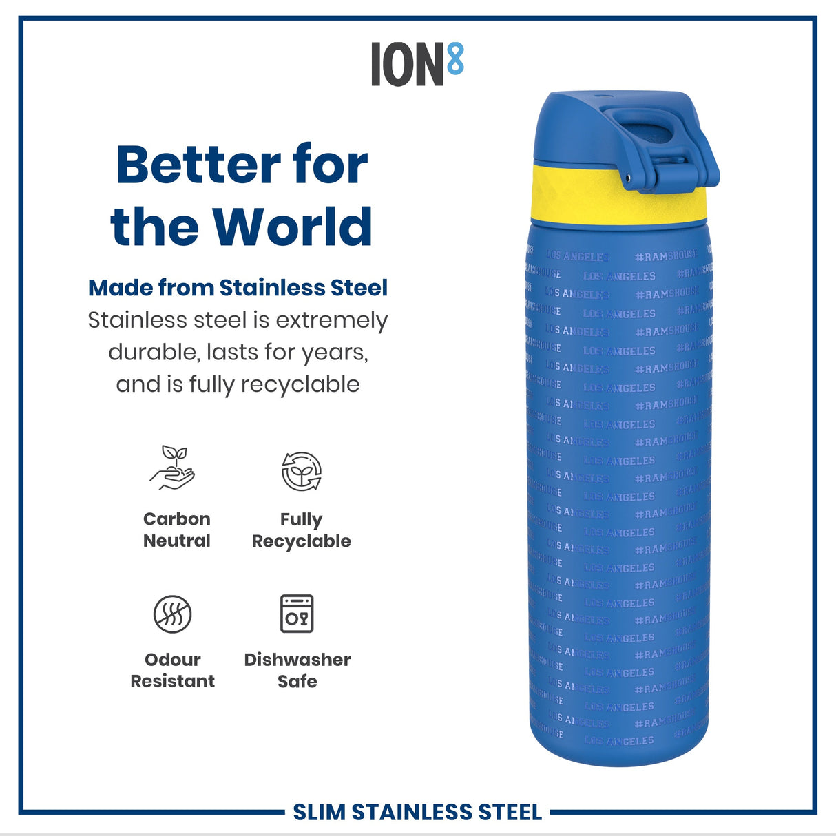 ION8 Leak Proof NFL Water Bottle, Stainless Steel, Los Angeles Rams, 600ml (20oz)