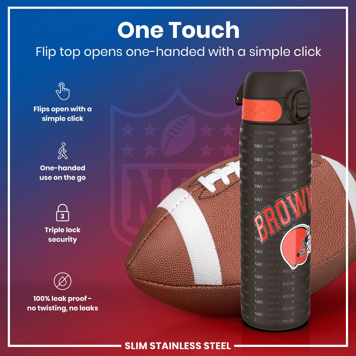 ION8 Leak Proof NFL Water Bottle, Stainless Steel, Cleveland Browns, 600ml (20oz)