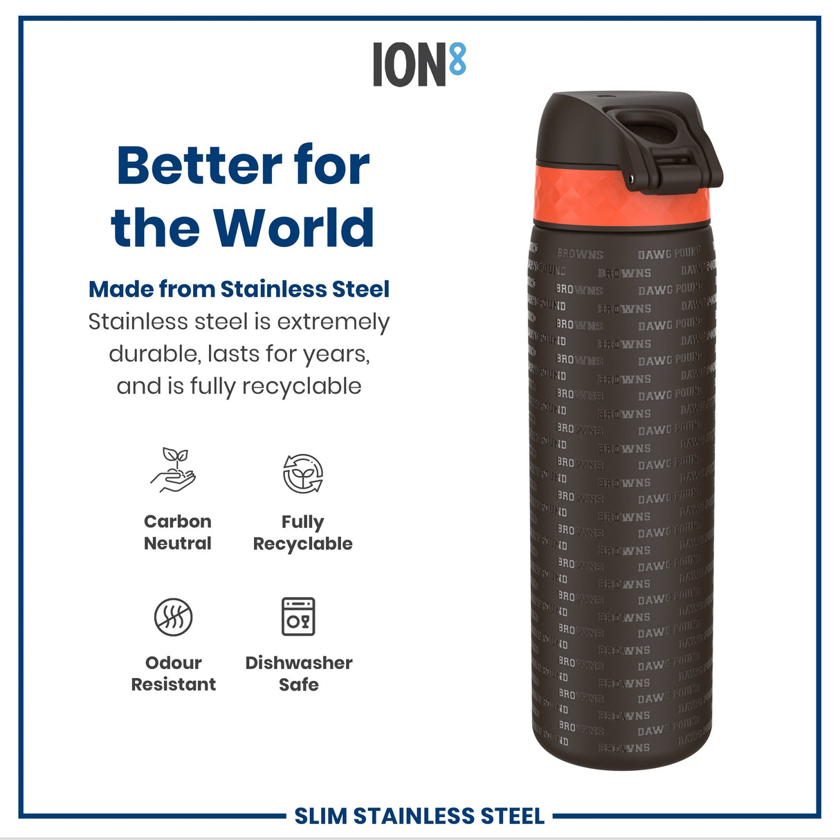 ION8 Leak Proof NFL Water Bottle, Stainless Steel, Cleveland Browns, 600ml (20oz)
