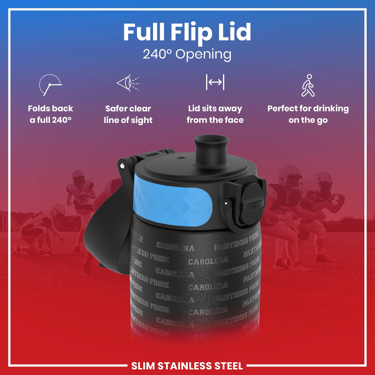 ION8 Leak Proof NFL Water Bottle, Stainless Steel, Carolina Panthers, 600ml (20oz)