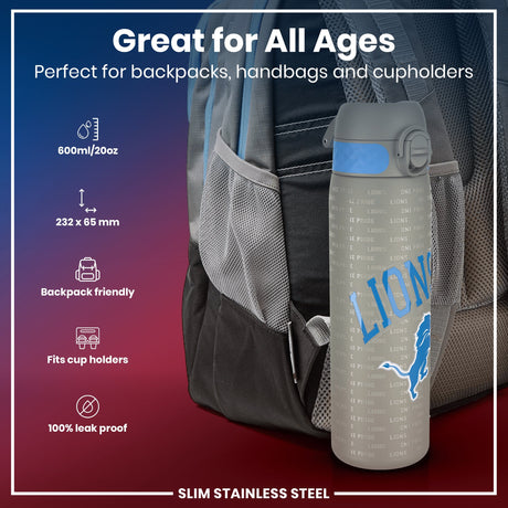 ION8 Leak Proof NFL Water Bottle, Stainless Steel, Detroit Lions, 600ml (20oz)