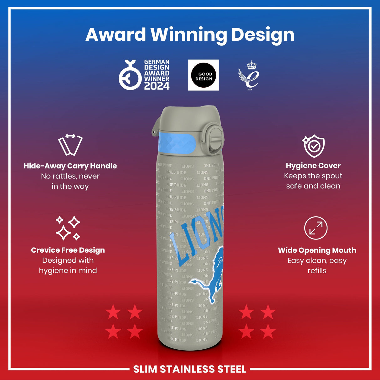 ION8 Leak Proof NFL Water Bottle, Stainless Steel, Detroit Lions, 600ml (20oz)