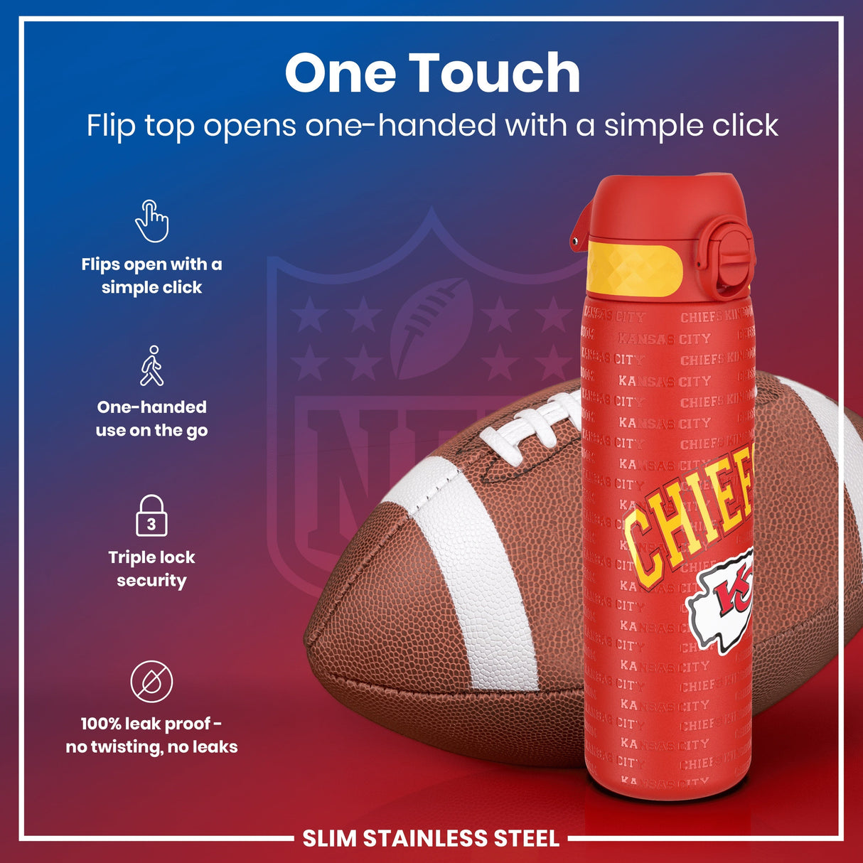 ION8 Leak Proof NFL Water Bottle, Stainless Steel, Kansas City Chiefs, 600ml (20oz)