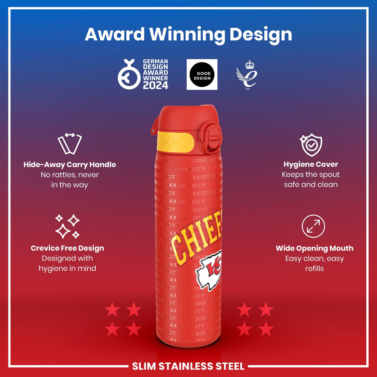 ION8 Leak Proof NFL Water Bottle, Stainless Steel, Kansas City Chiefs, 600ml (20oz)