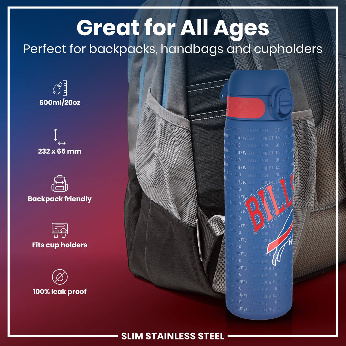 ION8 Leak Proof NFL Water Bottle, Stainless Steel, Buffalo Bills, 600ml (20oz)