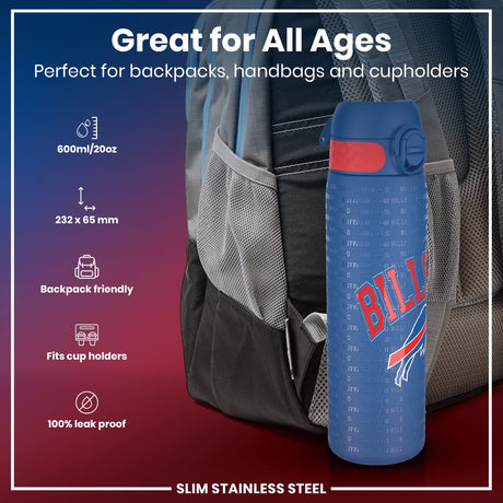 ION8 Leak Proof NFL Water Bottle, Stainless Steel, Buffalo Bills, 600ml (20oz)