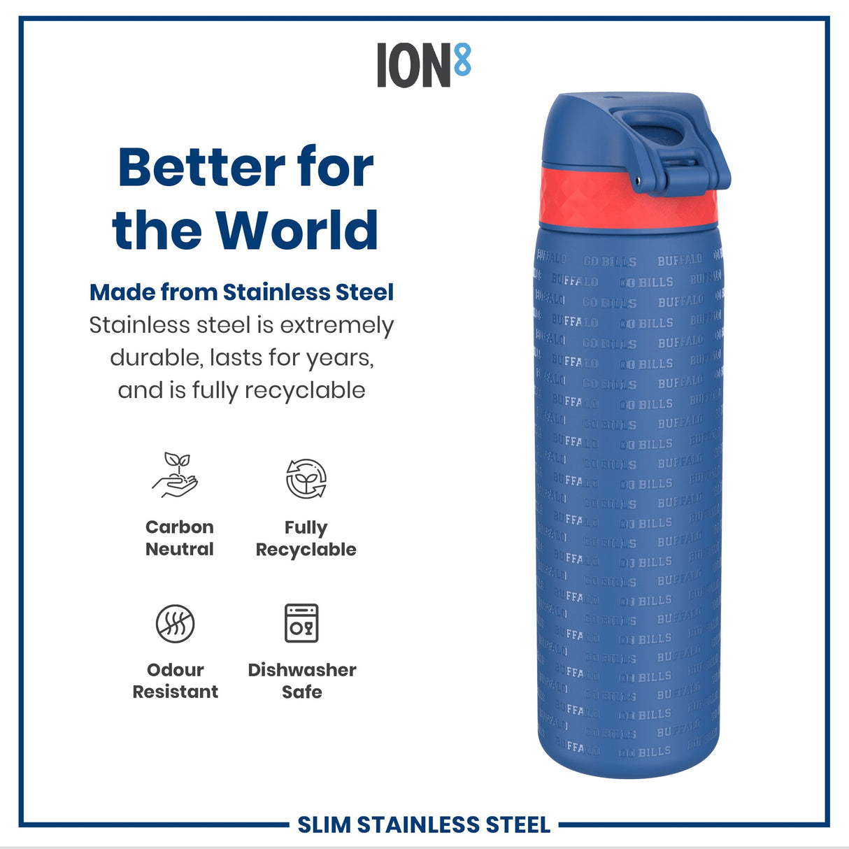 ION8 Leak Proof NFL Water Bottle, Stainless Steel, Buffalo Bills, 600ml (20oz)