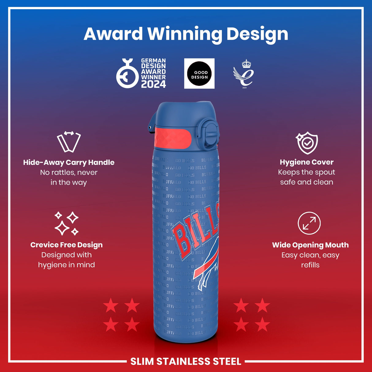 ION8 Leak Proof NFL Water Bottle, Stainless Steel, Buffalo Bills, 600ml (20oz)