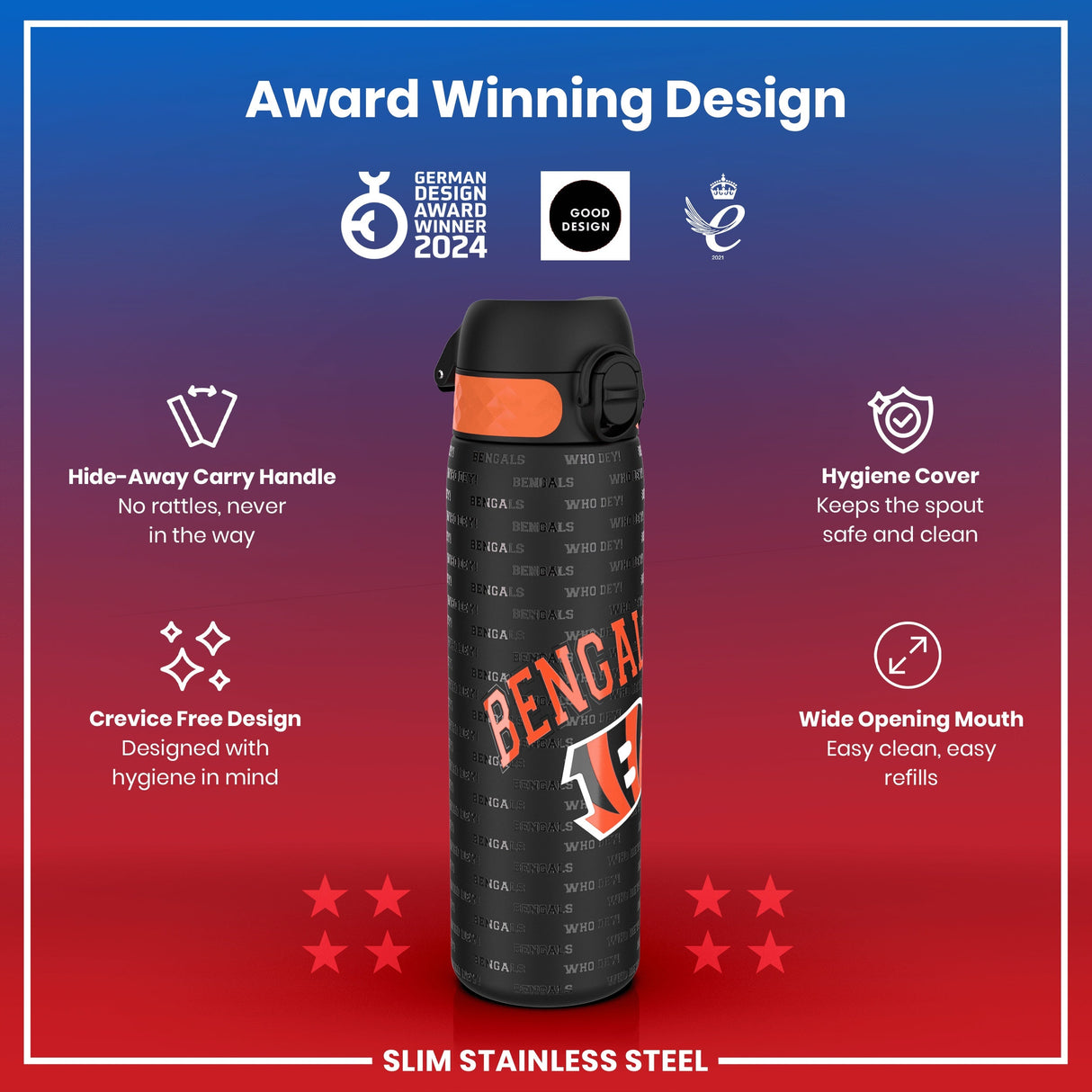 ION8 Leak Proof NFL Water Bottle, Stainless Steel, Cincinnati Bengals, 600ml (20oz)