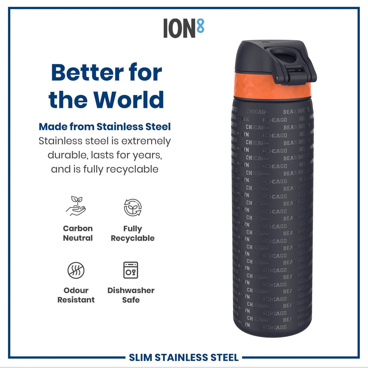 ION8 Leak Proof NFL Water Bottle, Stainless Steel, Chicago Bears, 600ml (20oz)