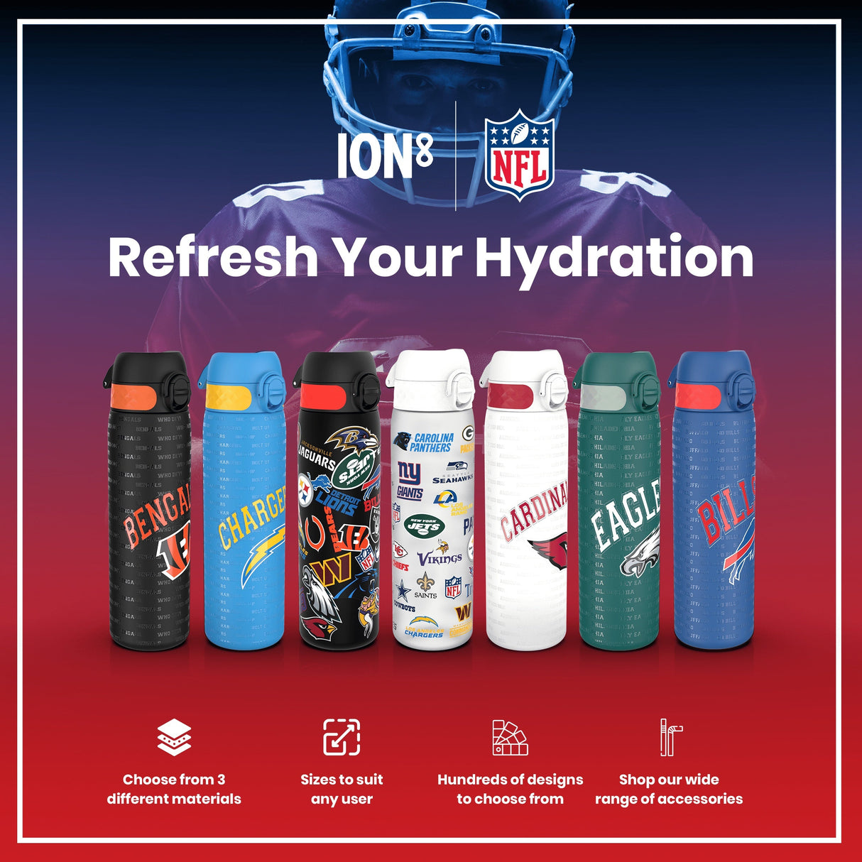 ION8 Leak Proof NFL Water Bottle, Stainless Steel, Chicago Bears, 600ml (20oz)