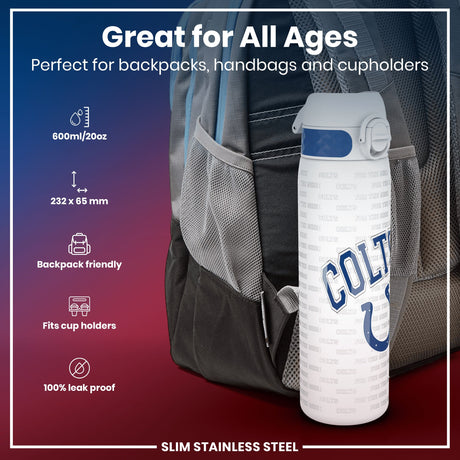 ION8 Leak Proof NFL Water Bottle, Stainless Steel, Indianapolis Colts, 600ml (20oz)