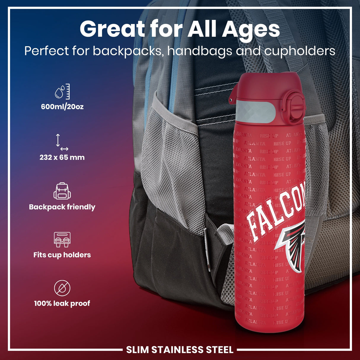 ION8 Leak Proof NFL Water Bottle, Stainless Steel, Atlanta Falcons, 600ml (20oz)