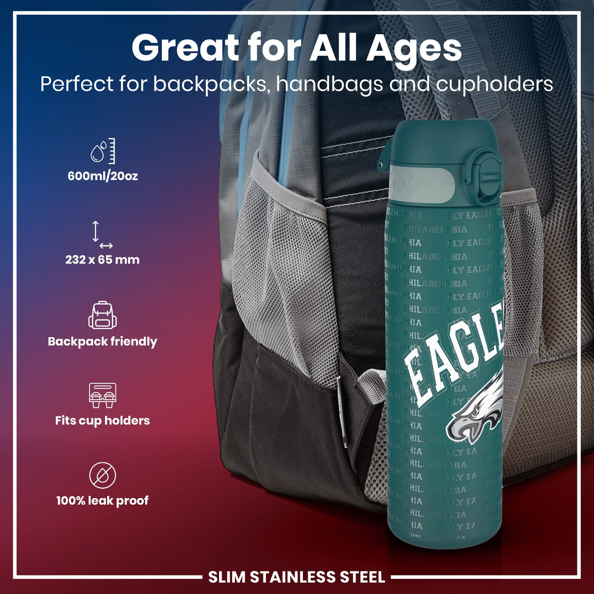 ION8 Leak Proof NFL Water Bottle, Stainless Steel, Philadelphia Eagles, 600ml (20oz)