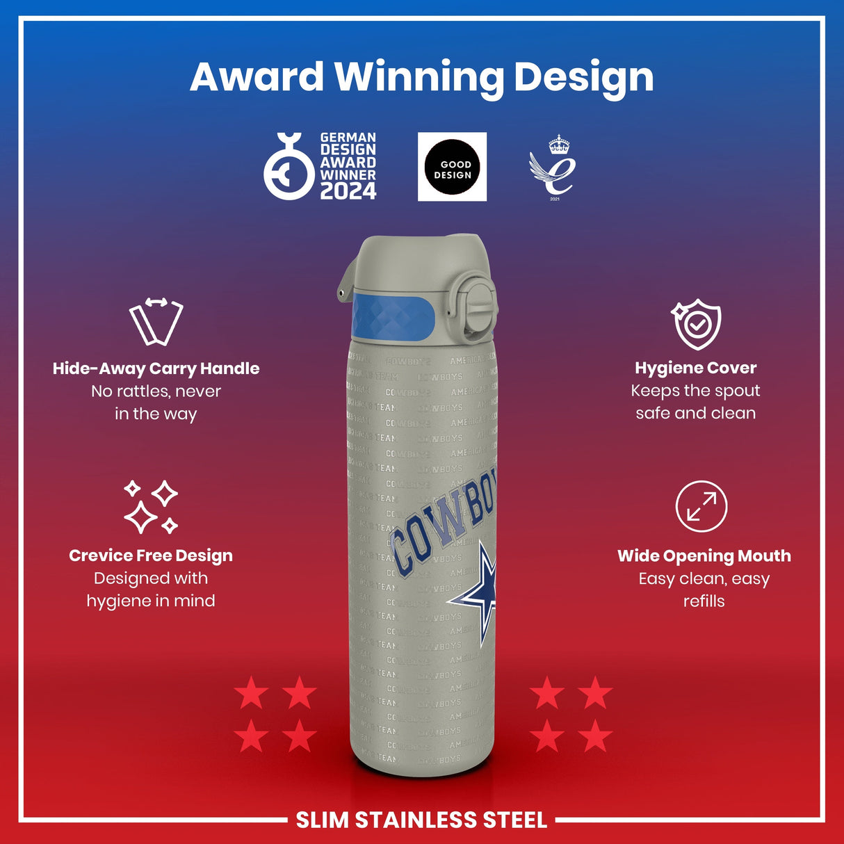 ION8 Leak Proof NFL Water Bottle, Stainless Steel, Dallas Cowboys, 600ml (20oz)