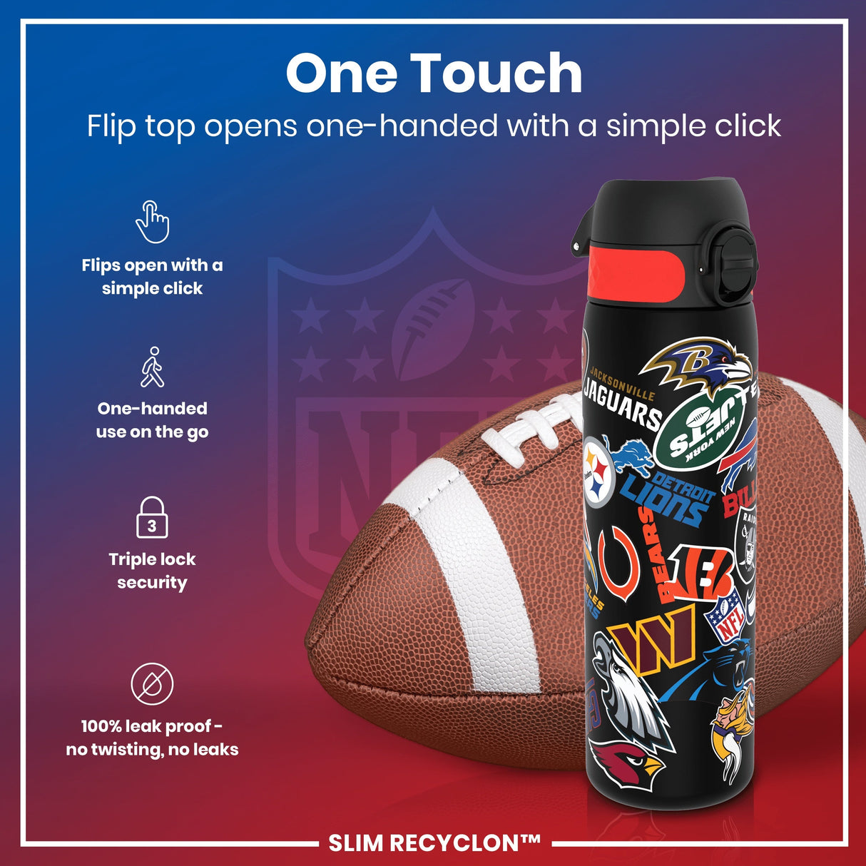 ION8 Leak Proof NFL Water Bottle, Recyclon, Patch Logos, 500ml (18oz)