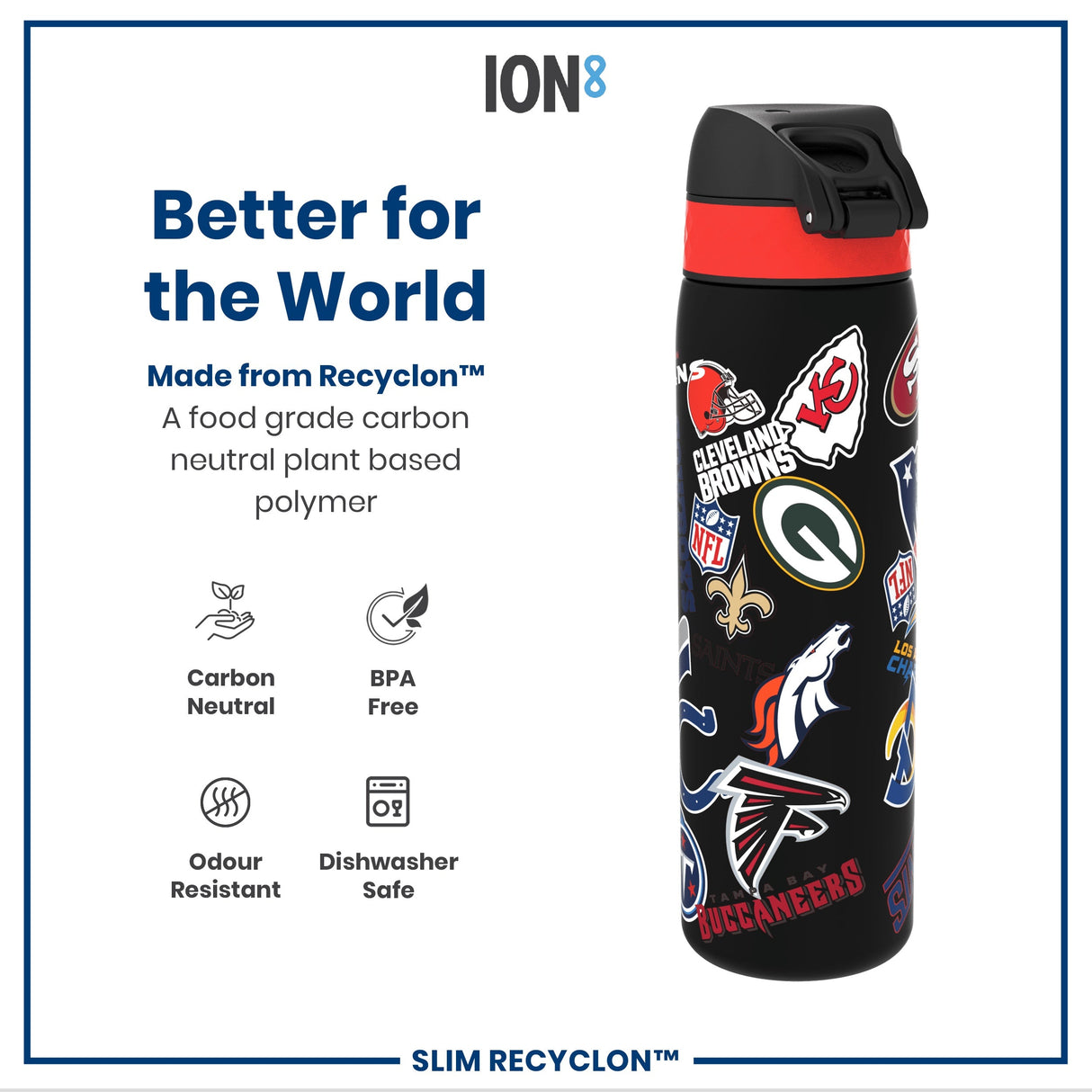 ION8 Leak Proof NFL Water Bottle, Recyclon, Patch Logos, 500ml (18oz)
